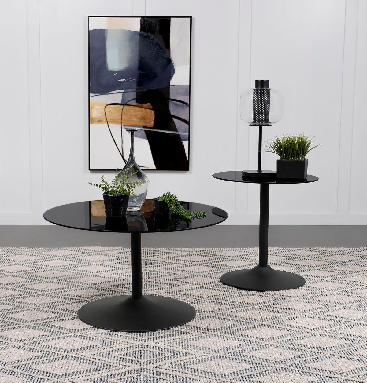 Ganso 2-piece Round Glass Top Coffee and End Table Set Black