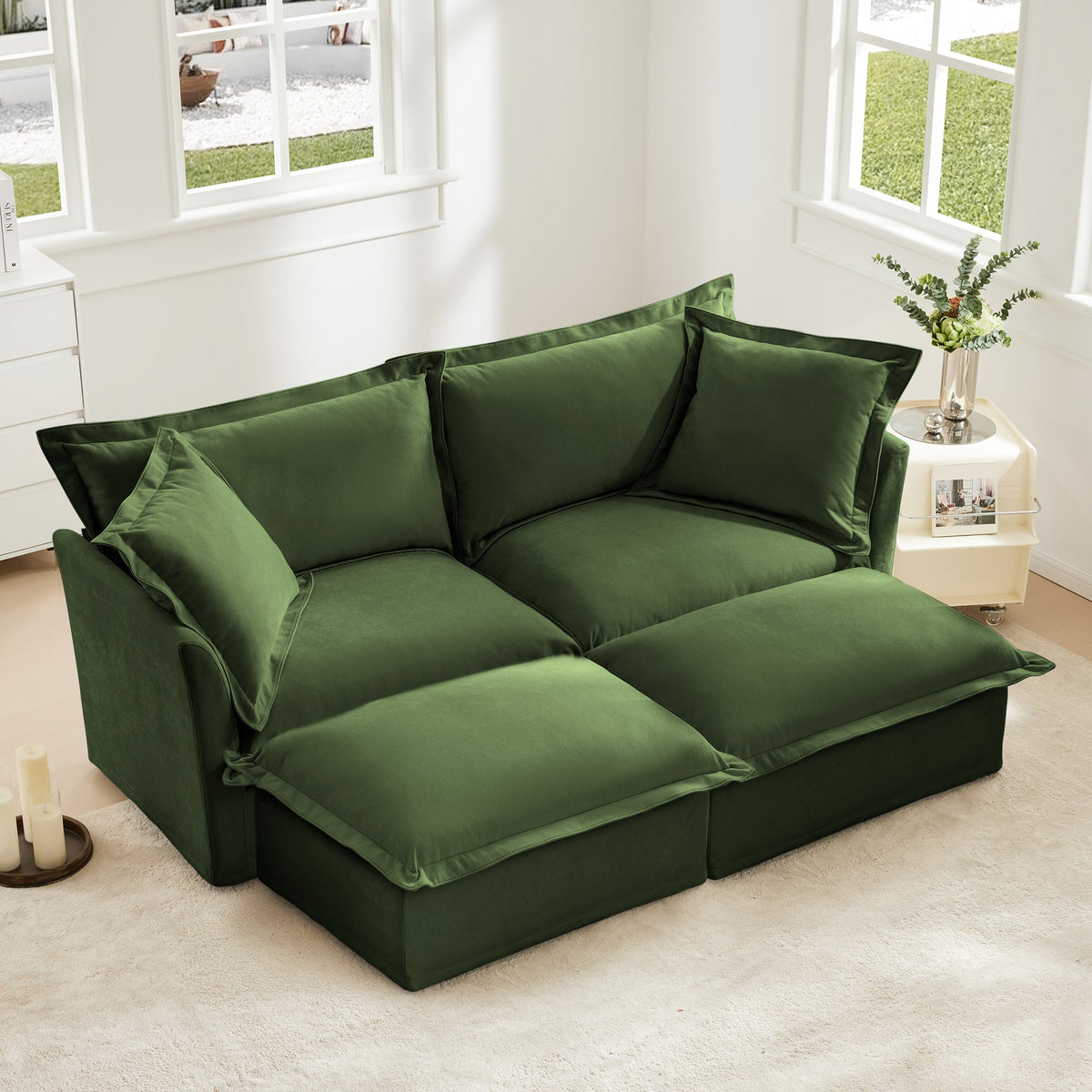 Slipcovered 2 Seater Sofa with 2 Ottomans - Chenille