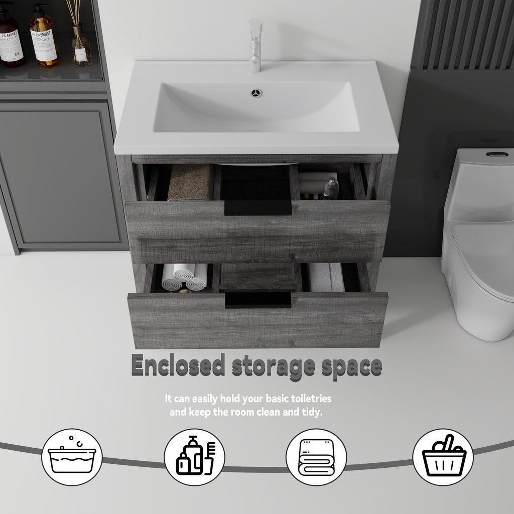 36 Inch Freestanding Bathroom Vanity with Ceramic Sink and Soft-Close Drawer - Grey