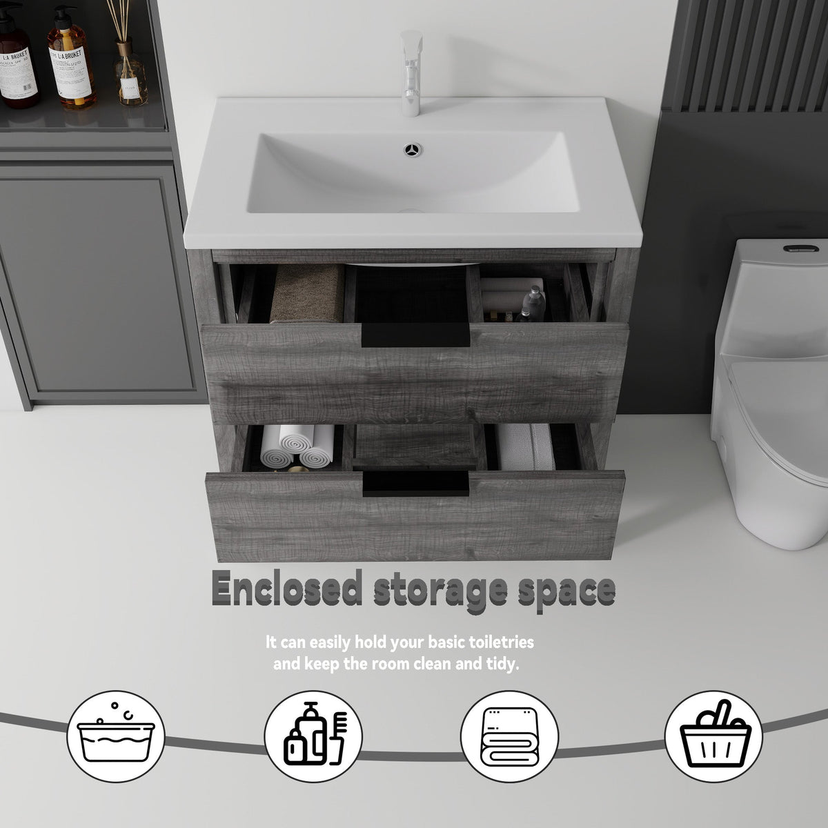 36 Inch Freestanding Bathroom Vanity with Ceramic Sink and Soft-Close Drawer - Grey