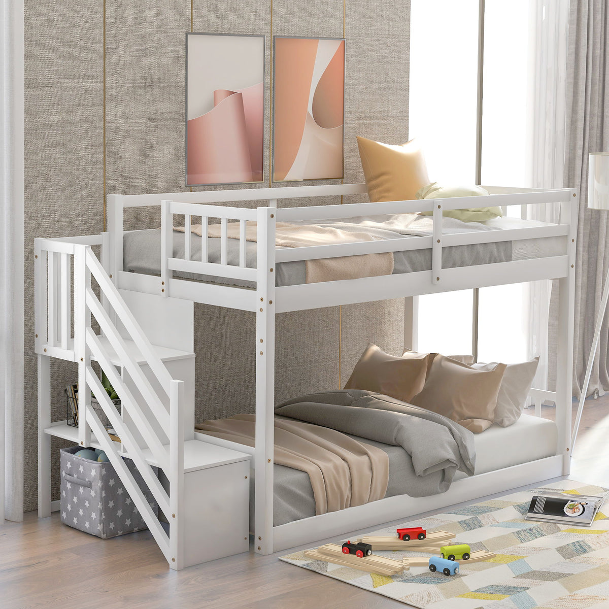 Twin Over Twin Floor Bunk Bed with Ladder Storage - White or Dark Gray