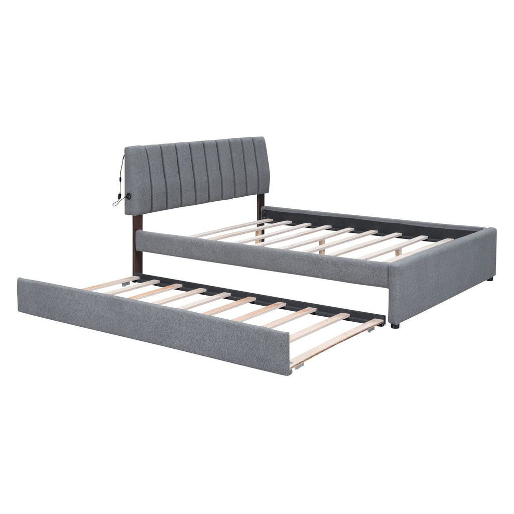 Upholstered Platform Bed With Trundle and LED Lights - Full or Queen