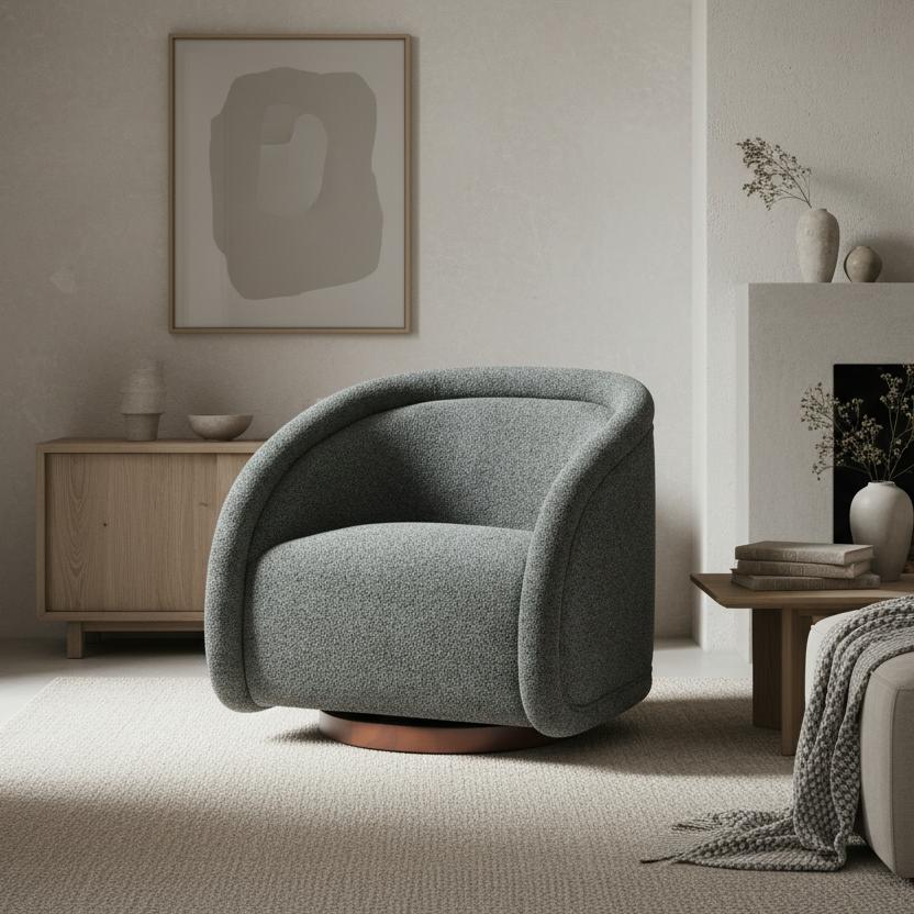 Light Beige Boucle Swivel Chair with Solid Wood Base