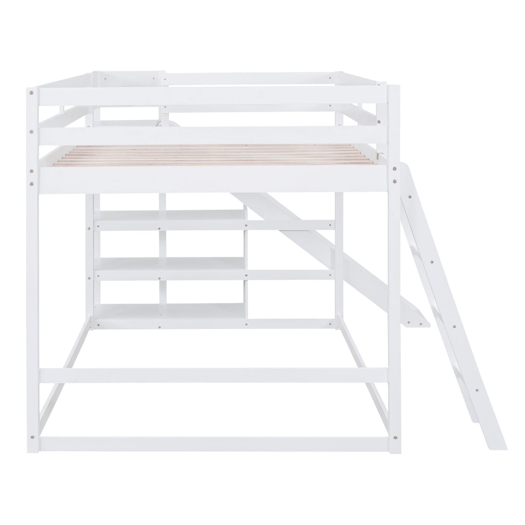 Bunk Bed With Ladder, Slide, and Shelves - Pine Wood, Full Over Full