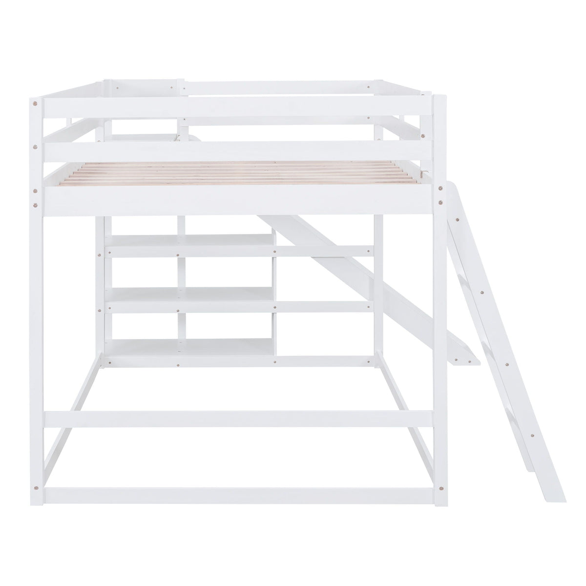 Bunk Bed With Ladder, Slide, and Shelves - Pine Wood, Full Over Full