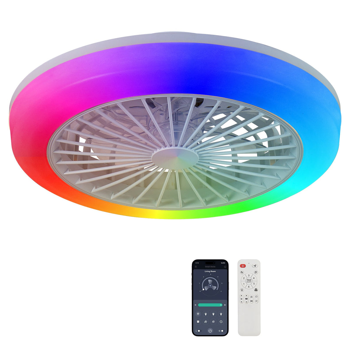 18 Inch Ceiling Fan with RGB Light and Remote Control - White