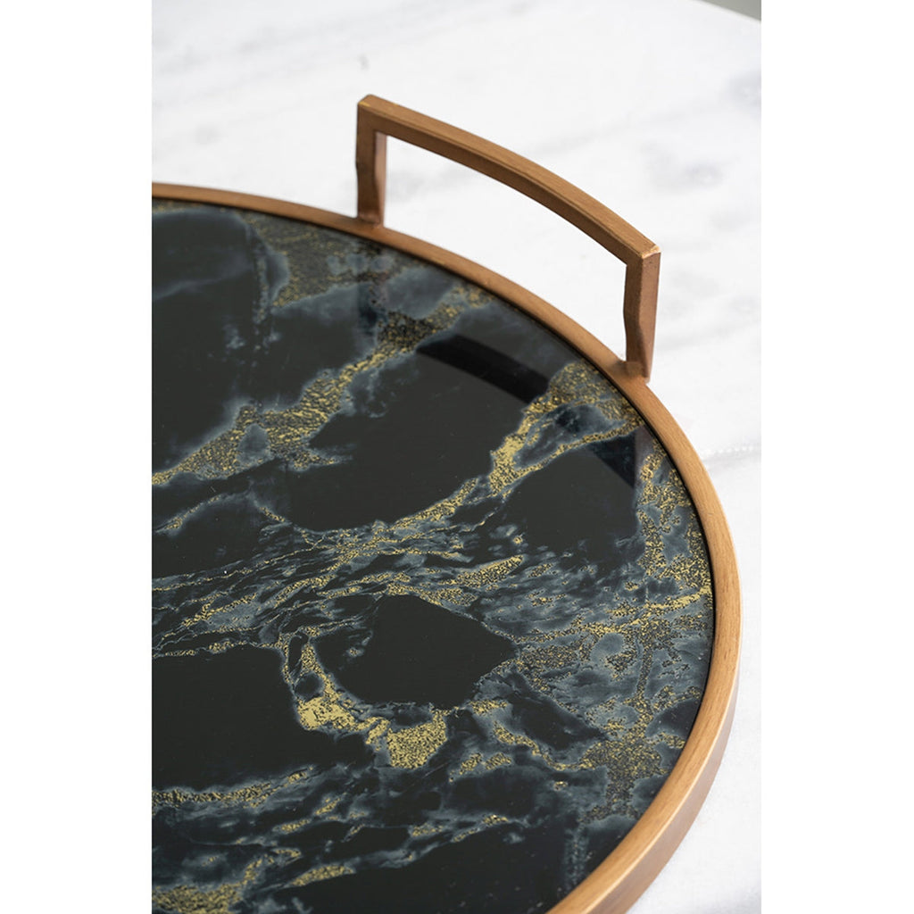 Round Decorative Tray Set with Abstract Marbled Design and Gold Handles - Black & White