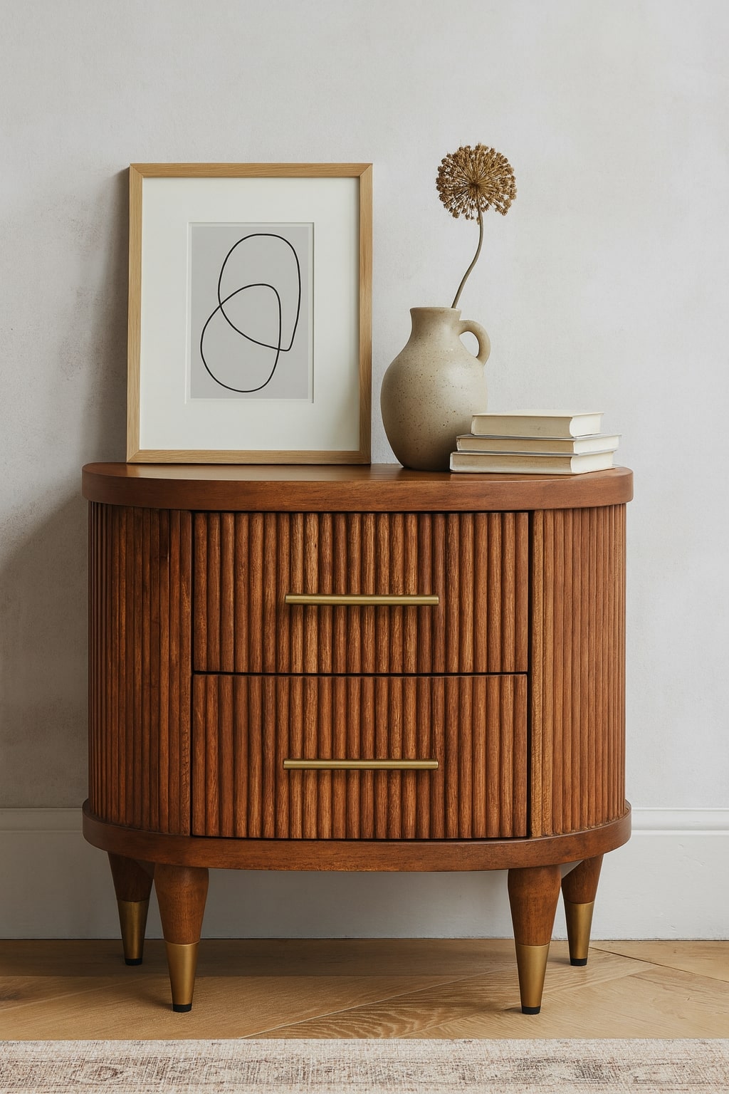 Solid Wood Ribbed Bedside Table with Ribbed Design - Amber Oak Finish
