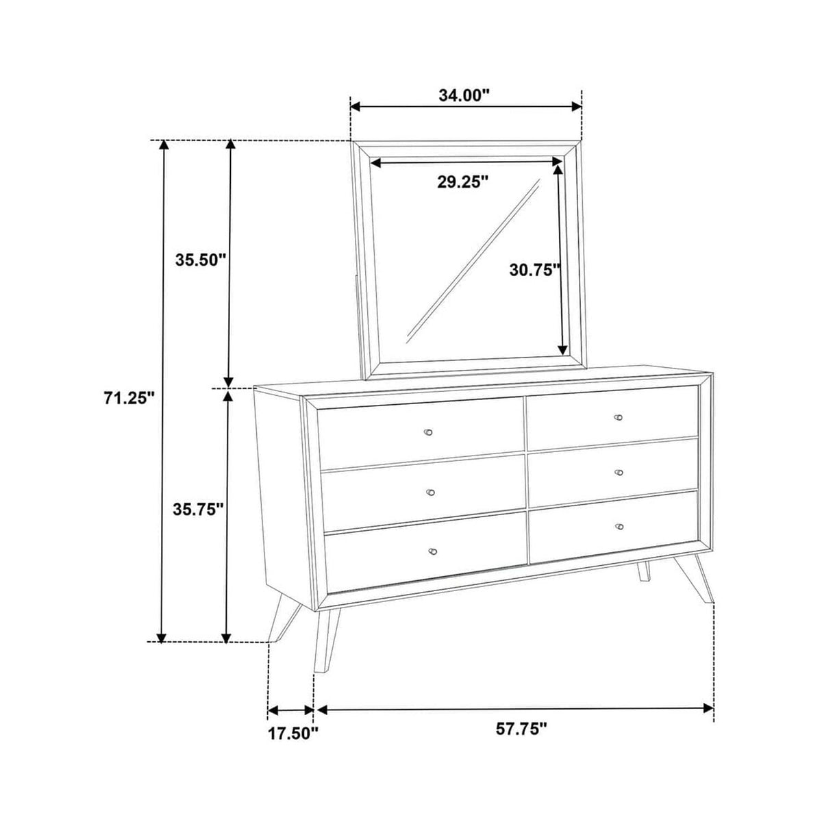 White Dresser & Mirror with Angled Legs and Round Knobs