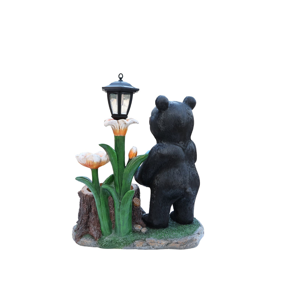 Standing Bear Statue with Lantern Planter - Rustic Resin