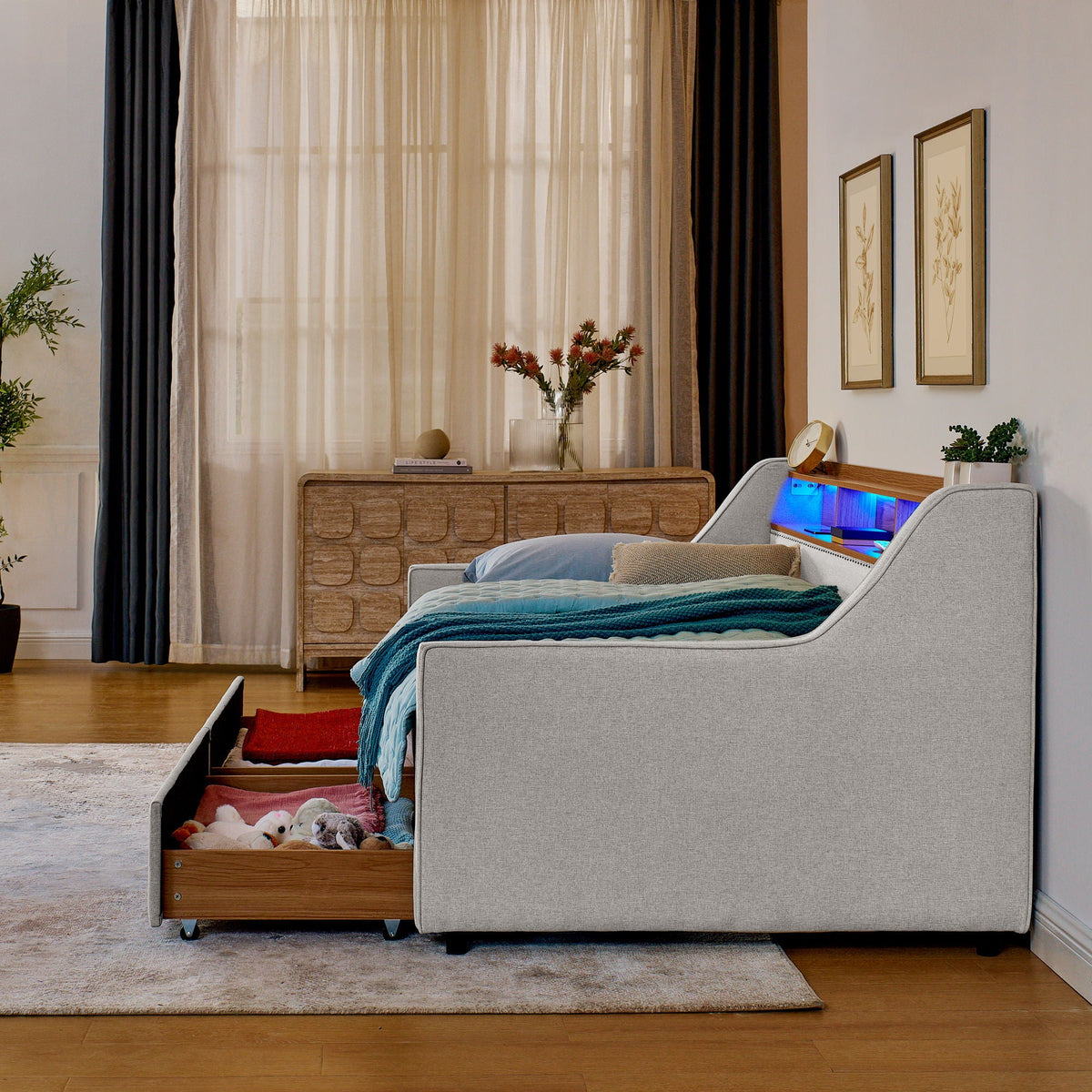 Twin Upholstered Sofa Bed with LED Lights and Storage Drawers - Beige