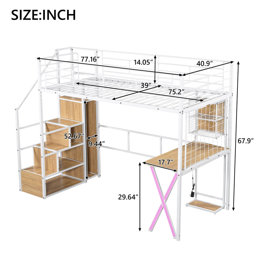 Loft Bed with Built-In Work Station, Wardrobe & Storage Staircase – White or Black