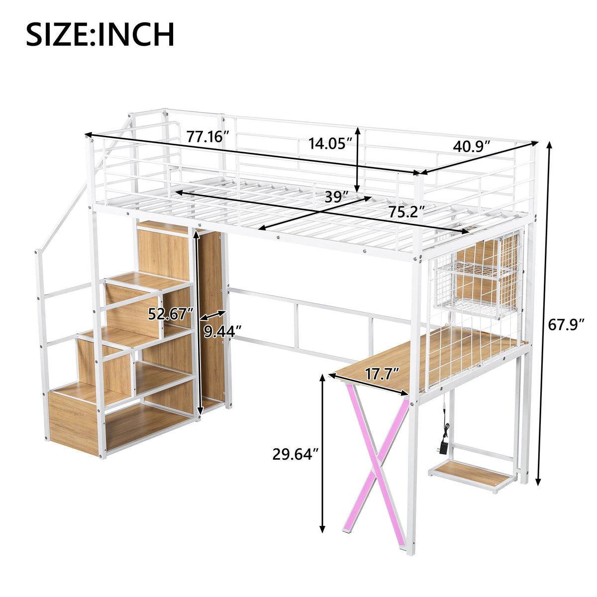 Loft Bed with Built-In Work Station, Wardrobe & Storage Staircase – White or Black