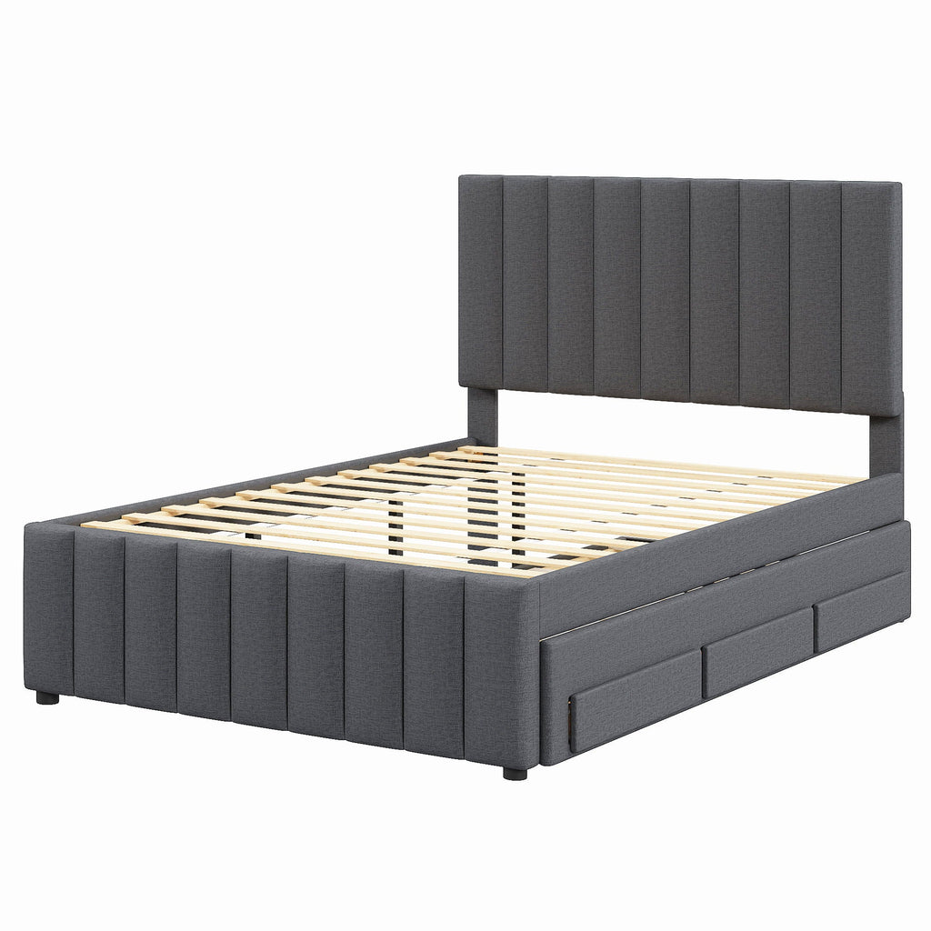 Upholstered Platform Bed with Twin Size Trundle and 3 Drawers - Beige, Full