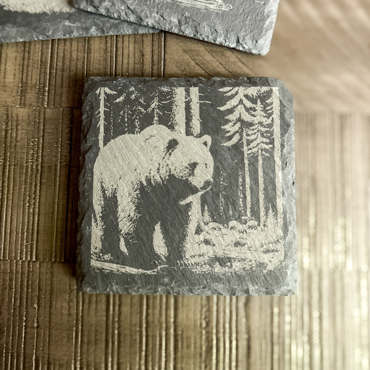 Rustic Slate Coaster Set – Wildlife Scene Engravings | Bear, Moose, Elk, Bison