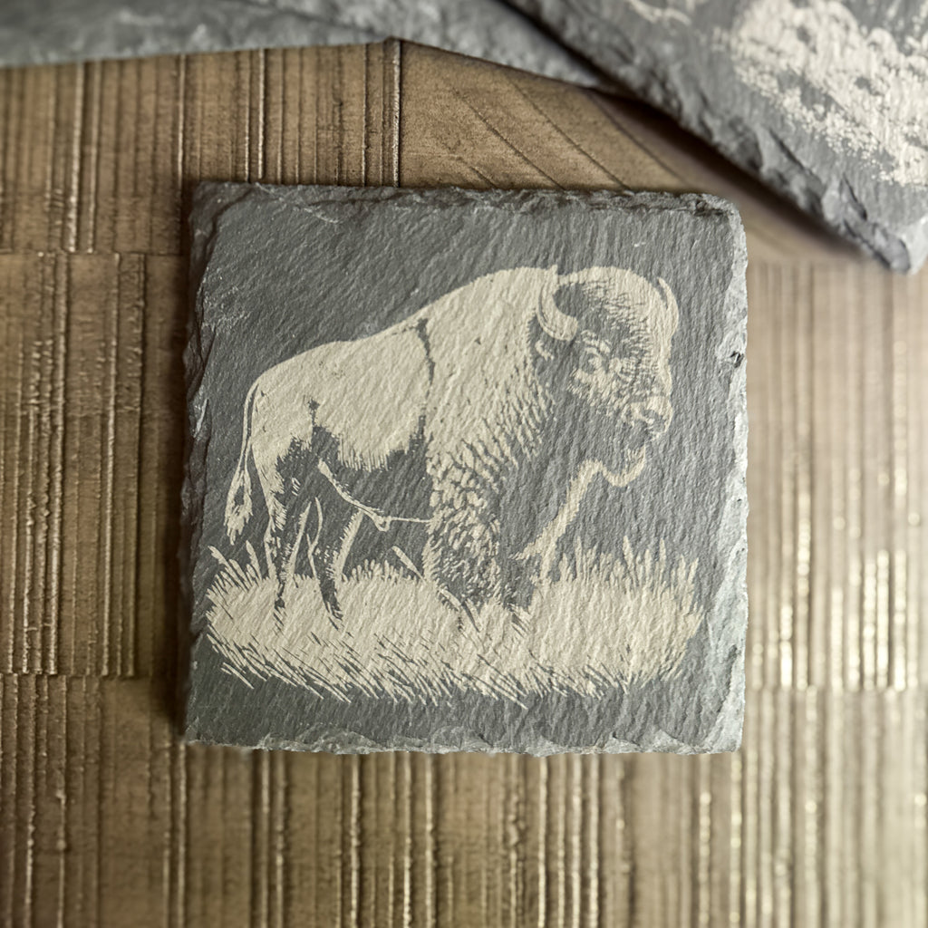 Rustic Slate Coaster Set – Wildlife Scene Engravings | Bear, Moose, Elk, Bison