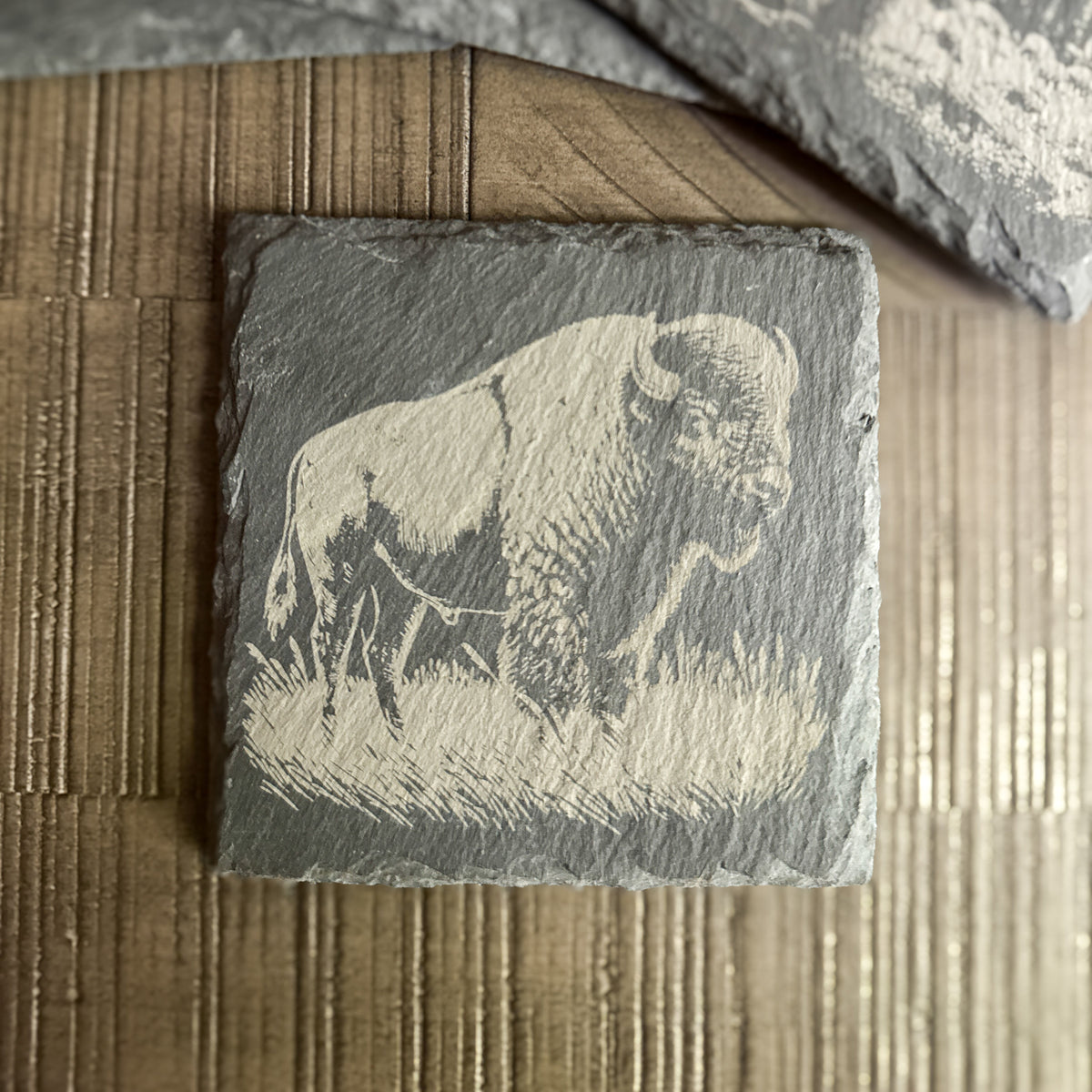 Rustic Slate Coaster Set – Wildlife Scene Engravings | Bear, Moose, Elk, Bison