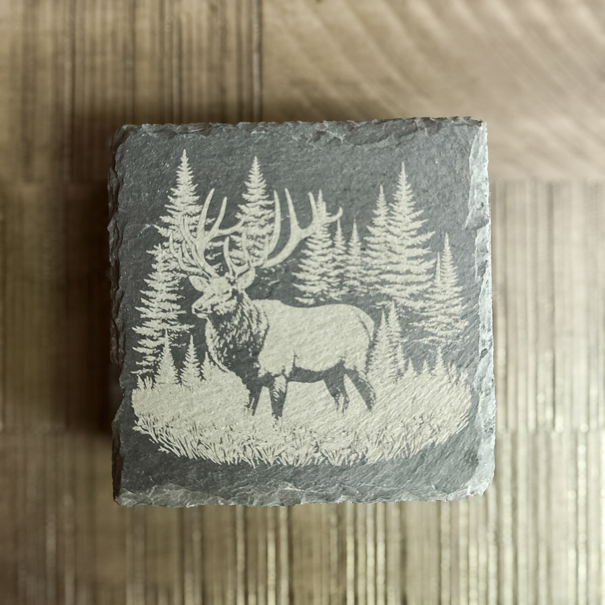 Rustic Slate Coaster Set – Wildlife Scene Engravings | Bear, Moose, Elk, Bison