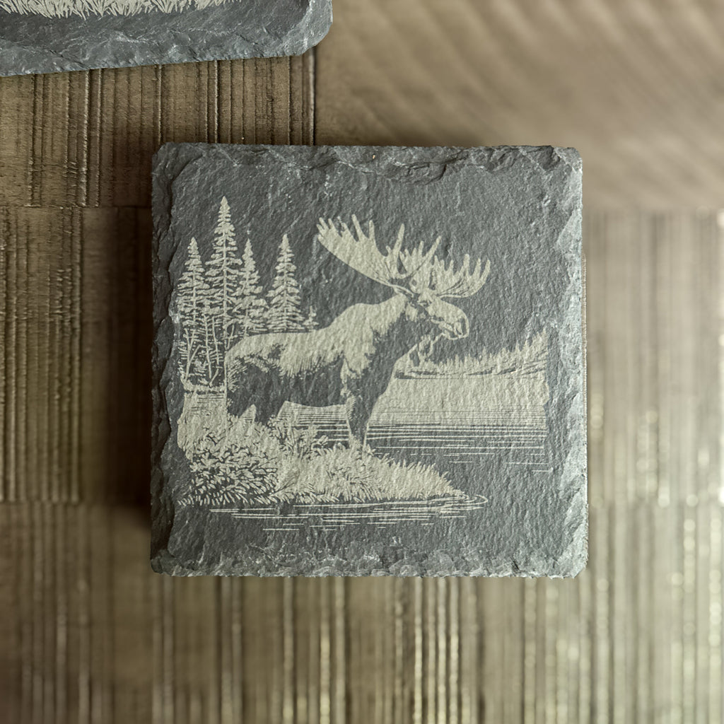 Rustic Slate Coaster Set – Wildlife Scene Engravings | Bear, Moose, Elk, Bison