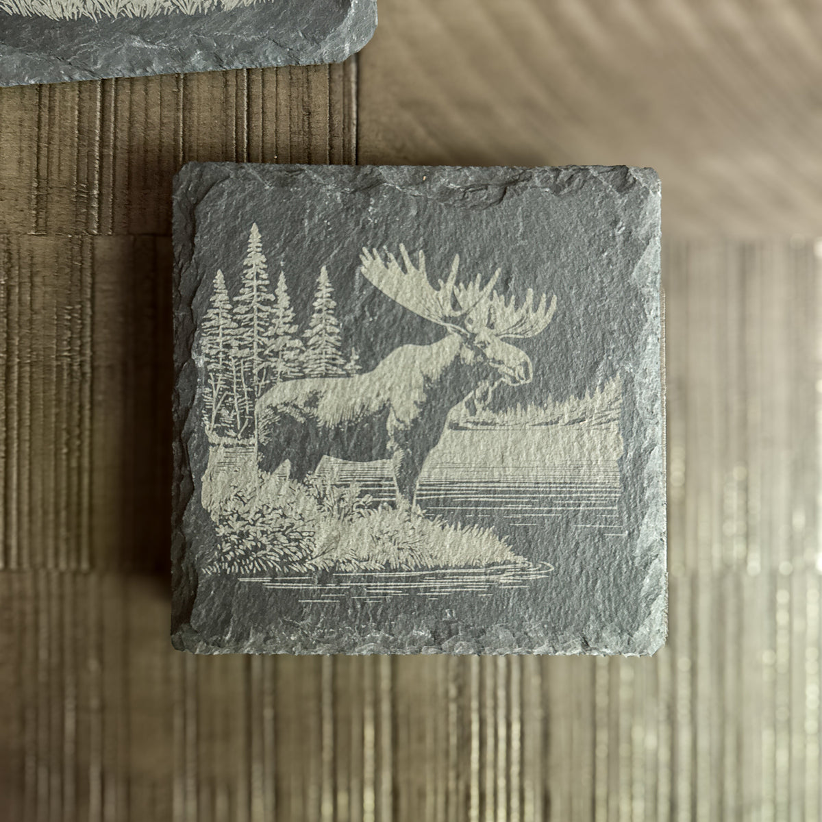 Rustic Slate Coaster Set – Wildlife Scene Engravings | Bear, Moose, Elk, Bison