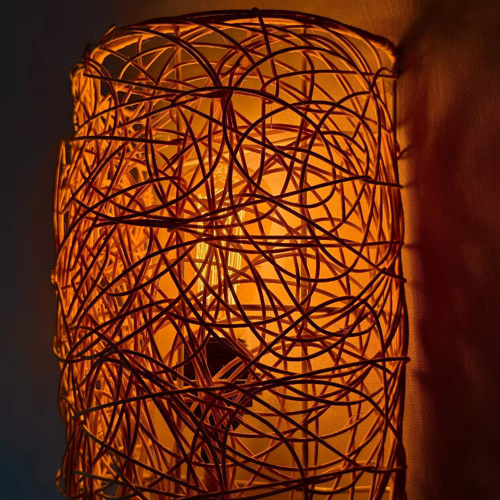 Handcrafted Natural Rattan Nest Wall Sconce | Artistic Tangled Woven Wall Light