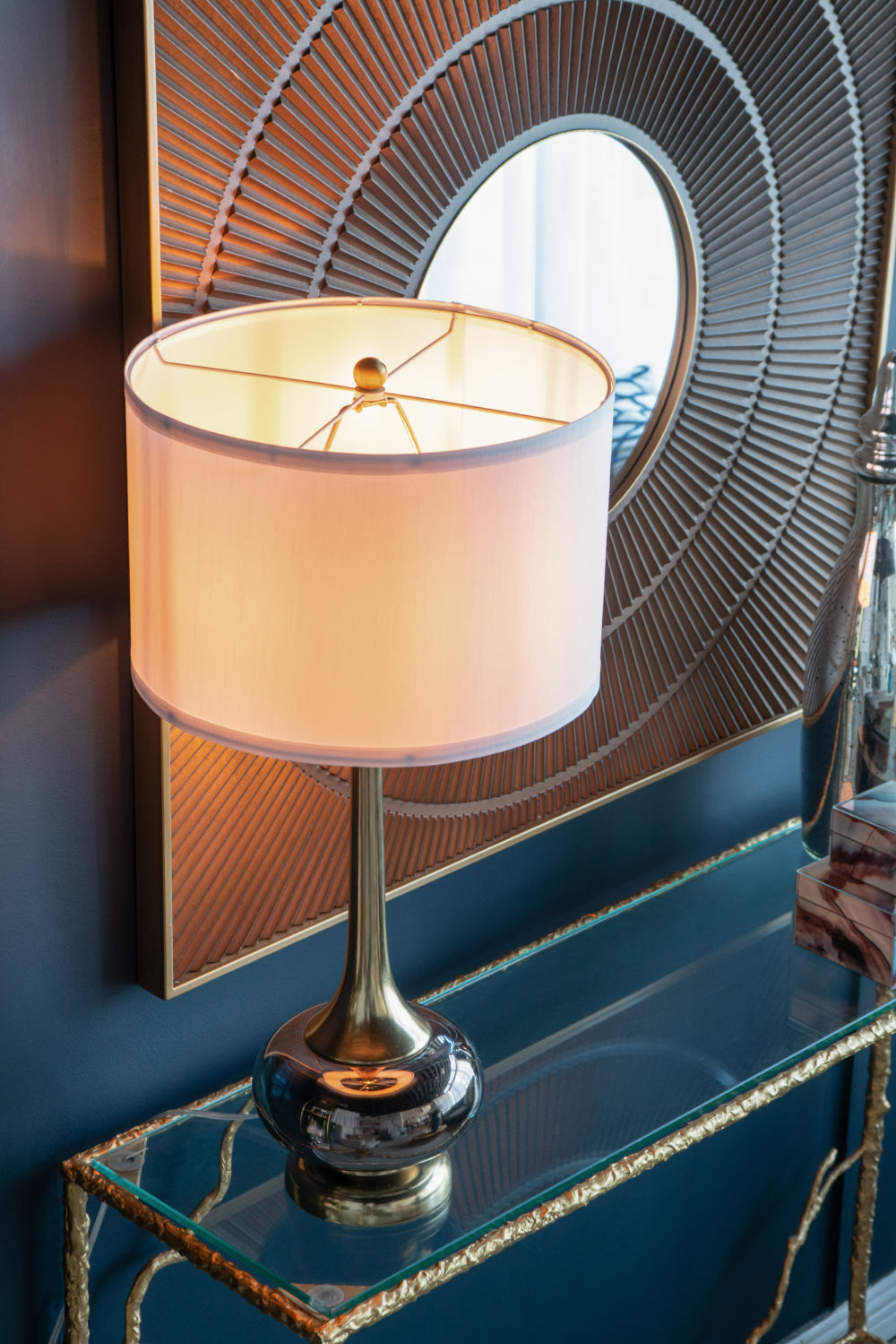 D15x29 Table Lamp with Glass Drum Shade – Aluminum Base