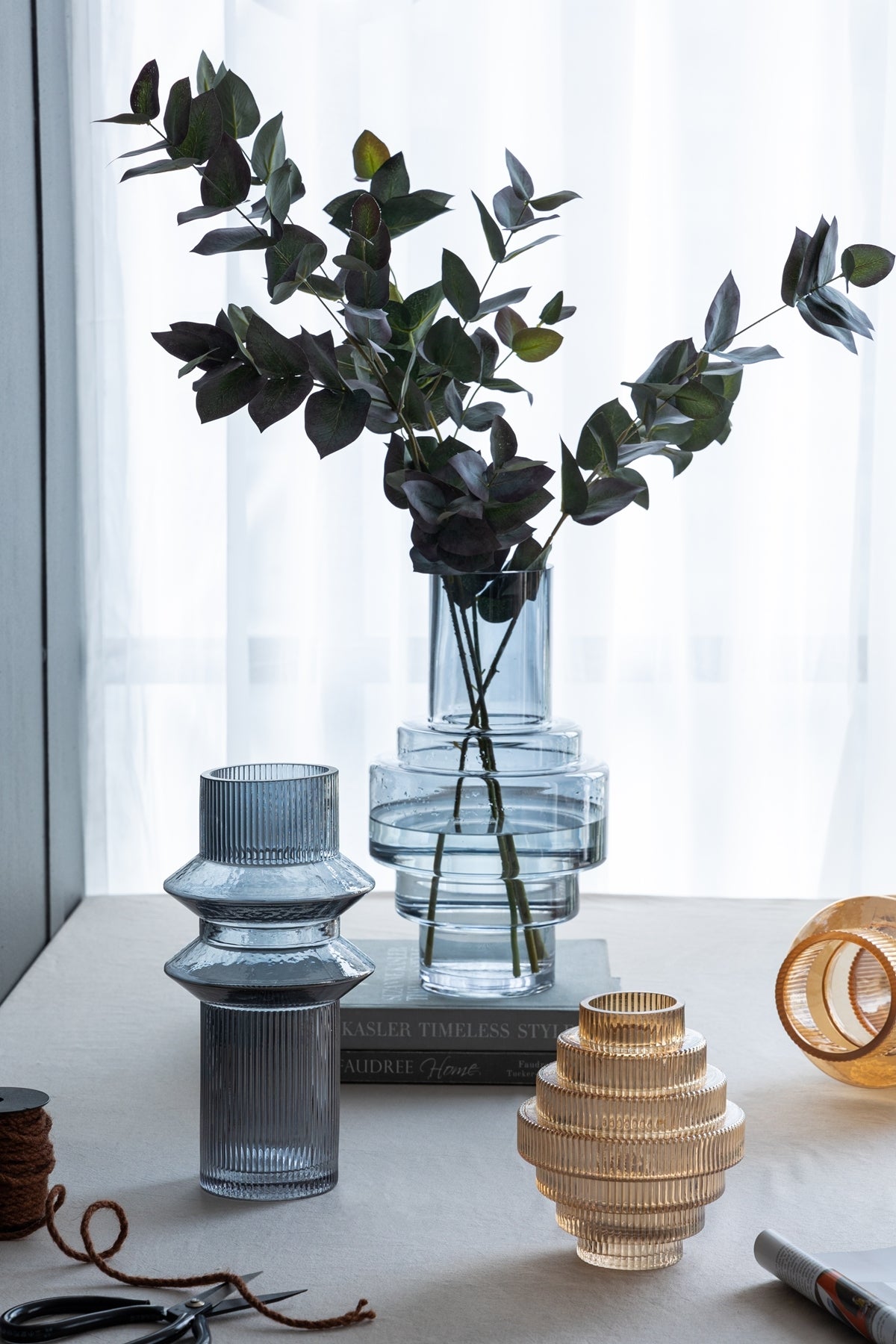 Fluted Accent Vases with Ribbed Design - Clear Blue, Set of 2