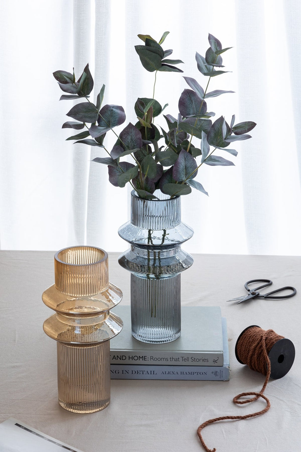 Fluted Accent Vases with Ribbed Design - Clear Blue, Set of 2