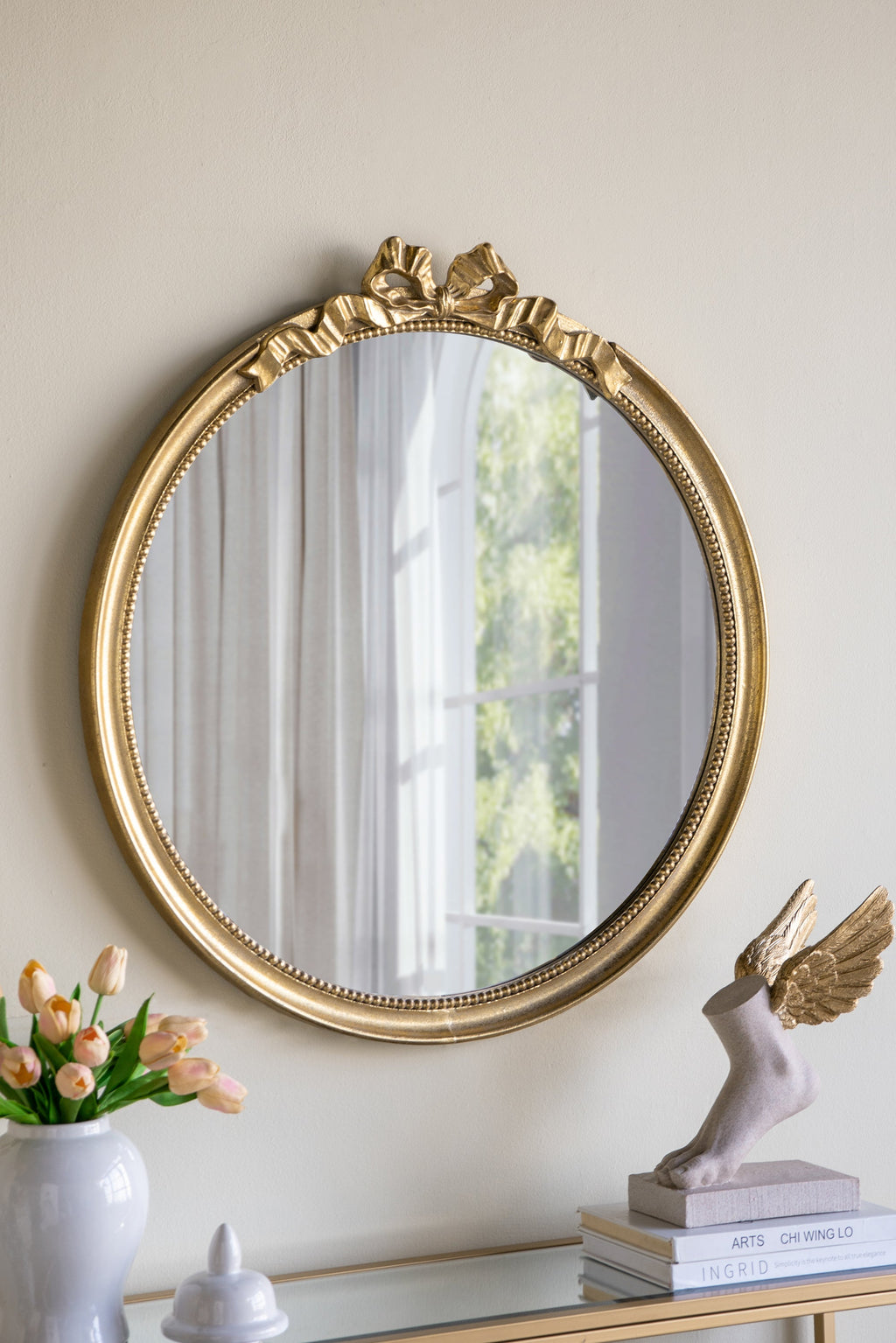 Round Decorative Wood Frame Wall Mirror with Scrollwork Crown - Gold
