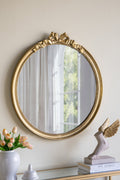 Round Decorative Wood Frame Wall Mirror with Scrollwork Crown - Gold