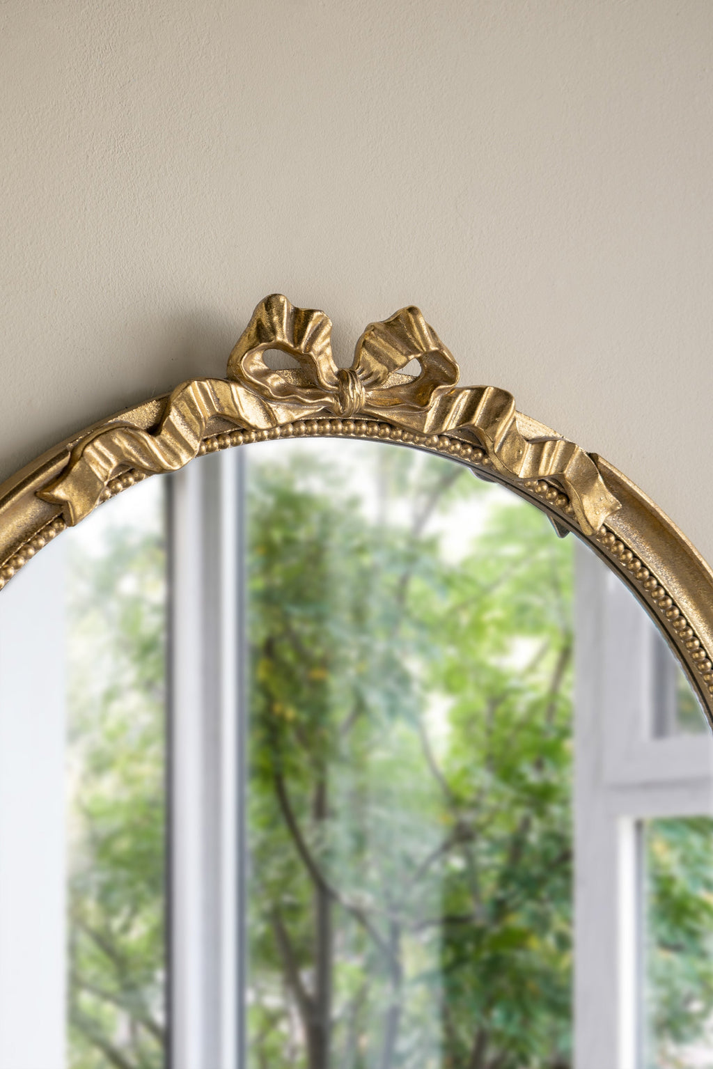 Round Decorative Wood Frame Wall Mirror with Scrollwork Crown - Gold