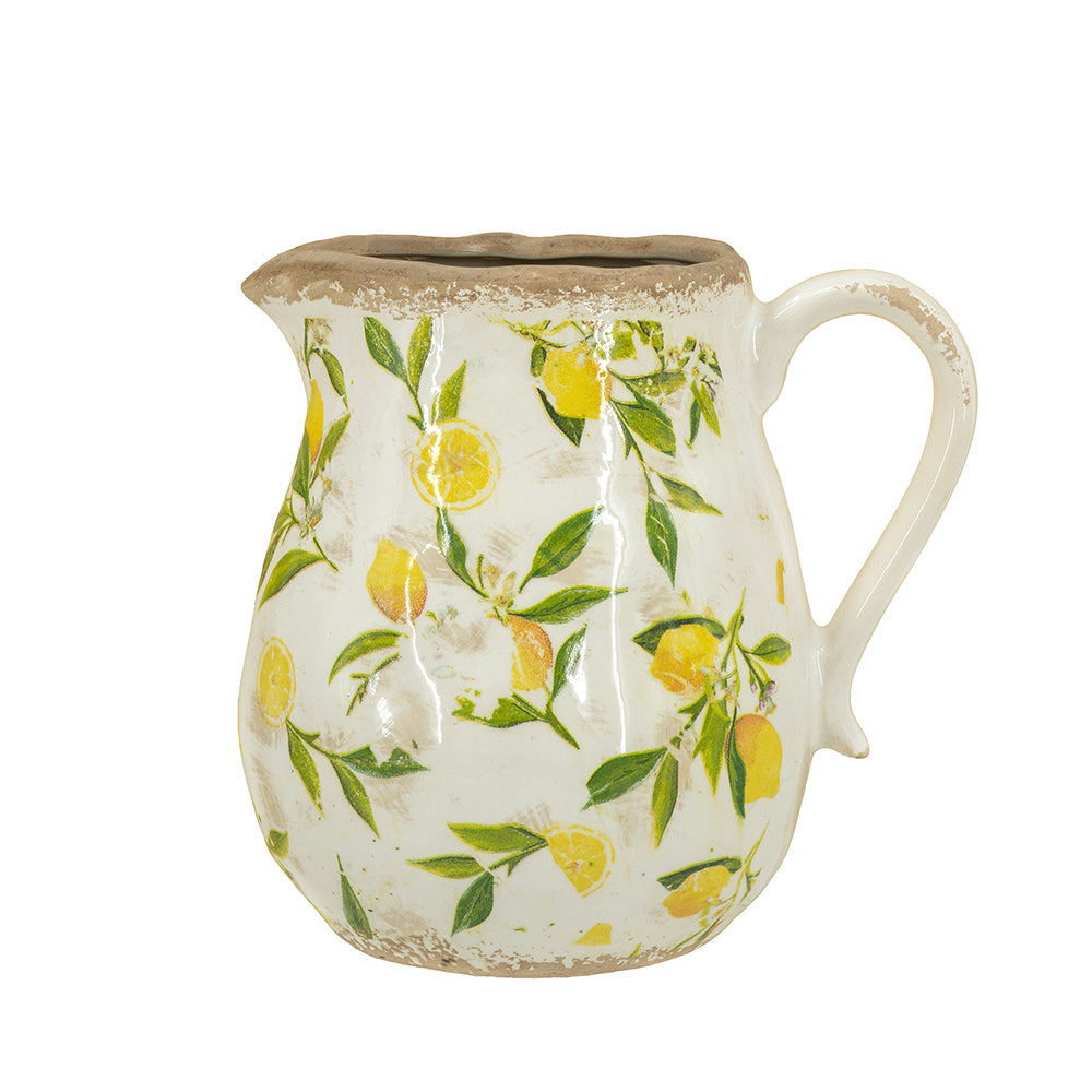 White Ceramic Pitcher Vase with Lemon Motif - 7.9x6.5x7.9 in