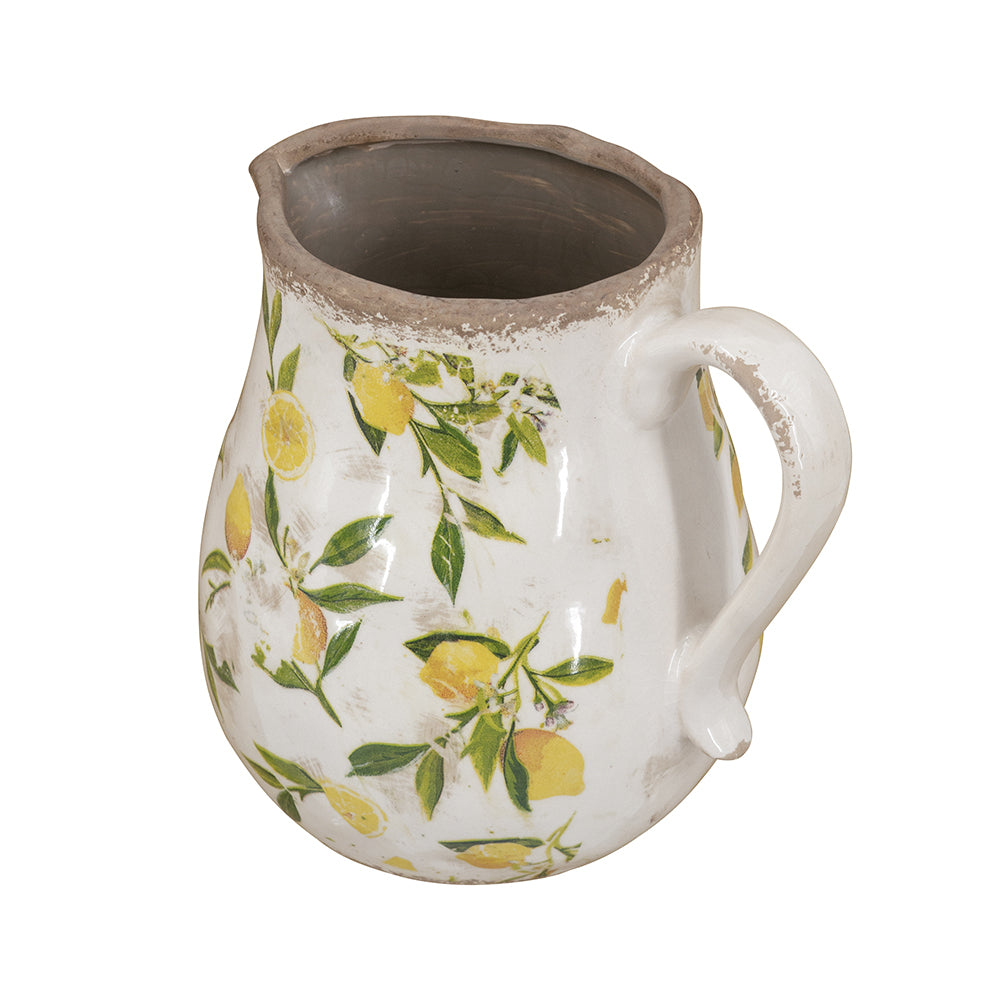 White Ceramic Pitcher Vase with Lemon Motif - 7.9x6.5x7.9 in