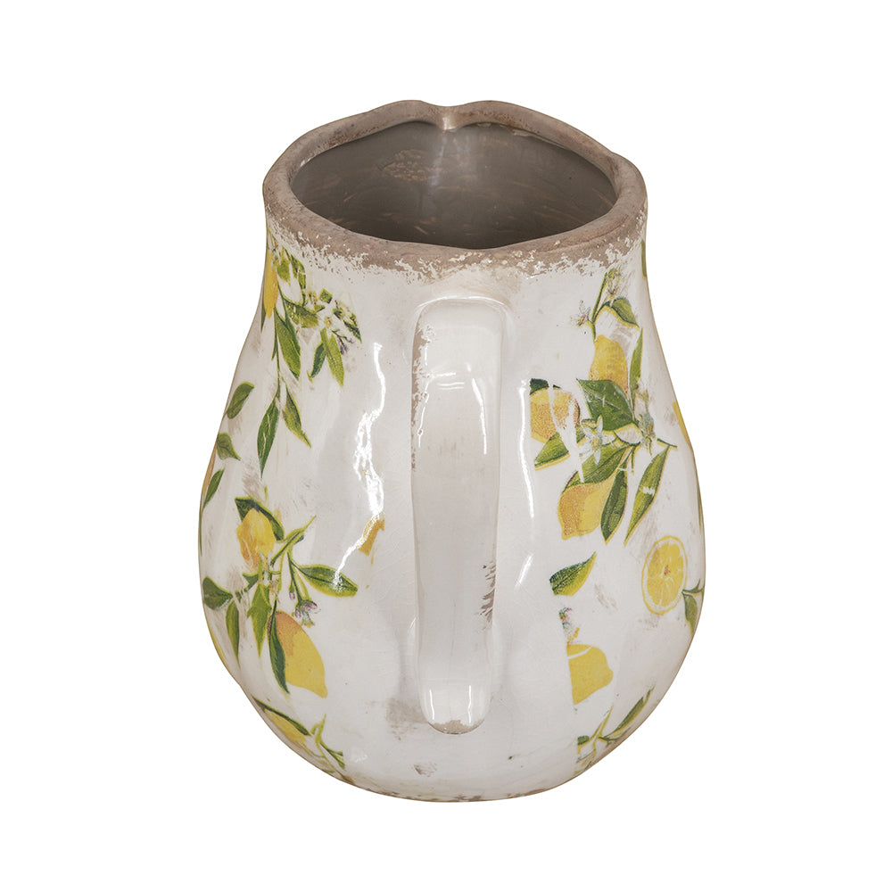 White Ceramic Pitcher Vase with Lemon Motif - 7.9x6.5x7.9 in