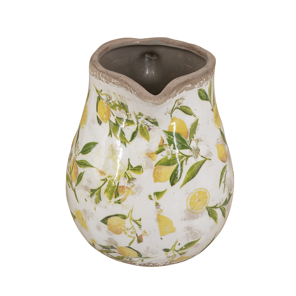 White Ceramic Pitcher Vase with Lemon Motif - 7.9x6.5x7.9 in