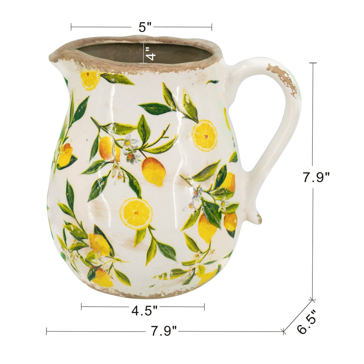 White Ceramic Pitcher Vase with Lemon Motif - 7.9x6.5x7.9 in
