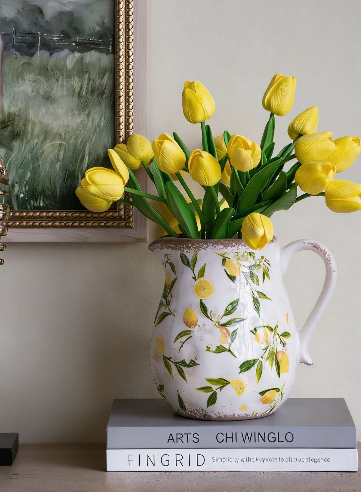 White Ceramic Pitcher Vase with Lemon Motif - 7.9x6.5x7.9 in