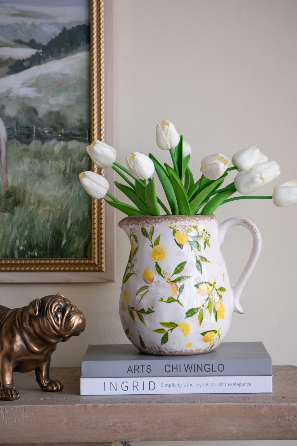 White Ceramic Pitcher Vase with Lemon Motif - 7.9x6.5x7.9 in