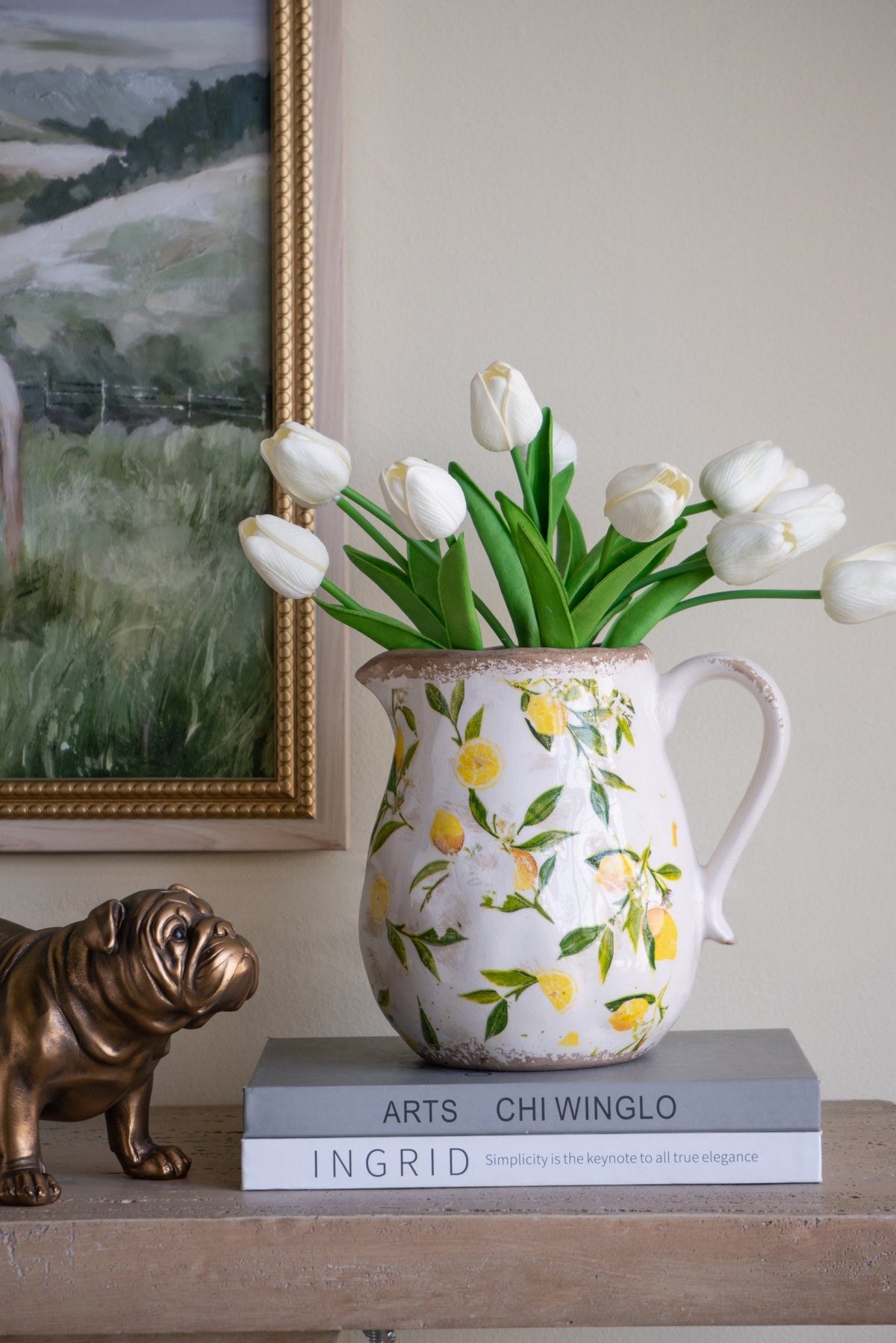 White Ceramic Pitcher Vase with Lemon Motif - 7.9x6.5x7.9 in