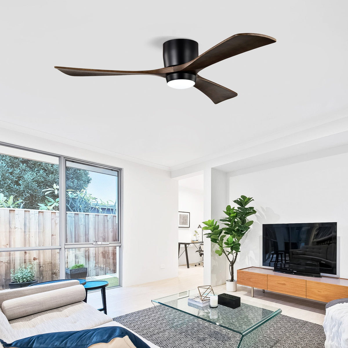 52" Flush Mount Solid Wood Blades Ceiling Fan with Lights - Matte Black