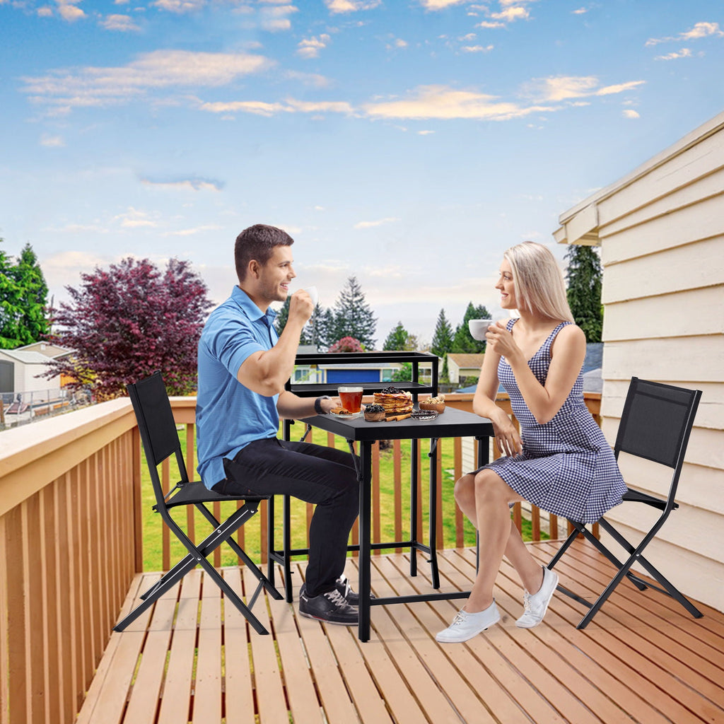 3 Piece Patio Bistro Set with Foldable Table and Chairs - Black