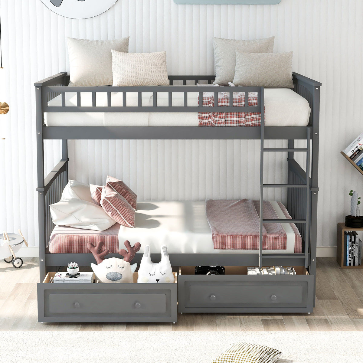 Convertible Bunk Bed With Drawers - Solid Wood with Storage - White, Dark Brown or Dark Gray