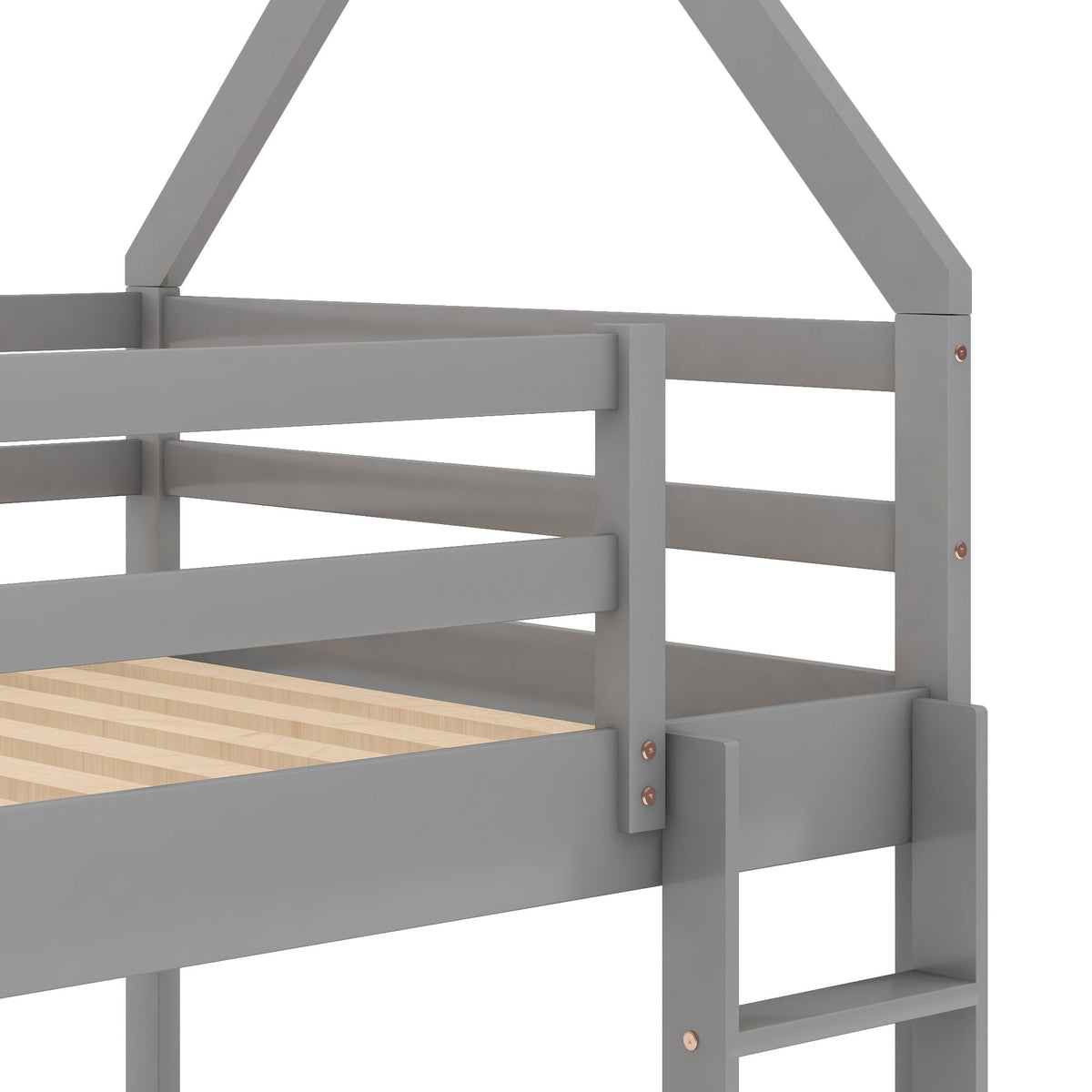 Low Bunk Bed With House Shaped Frame and Ladder - Twin Over Twin