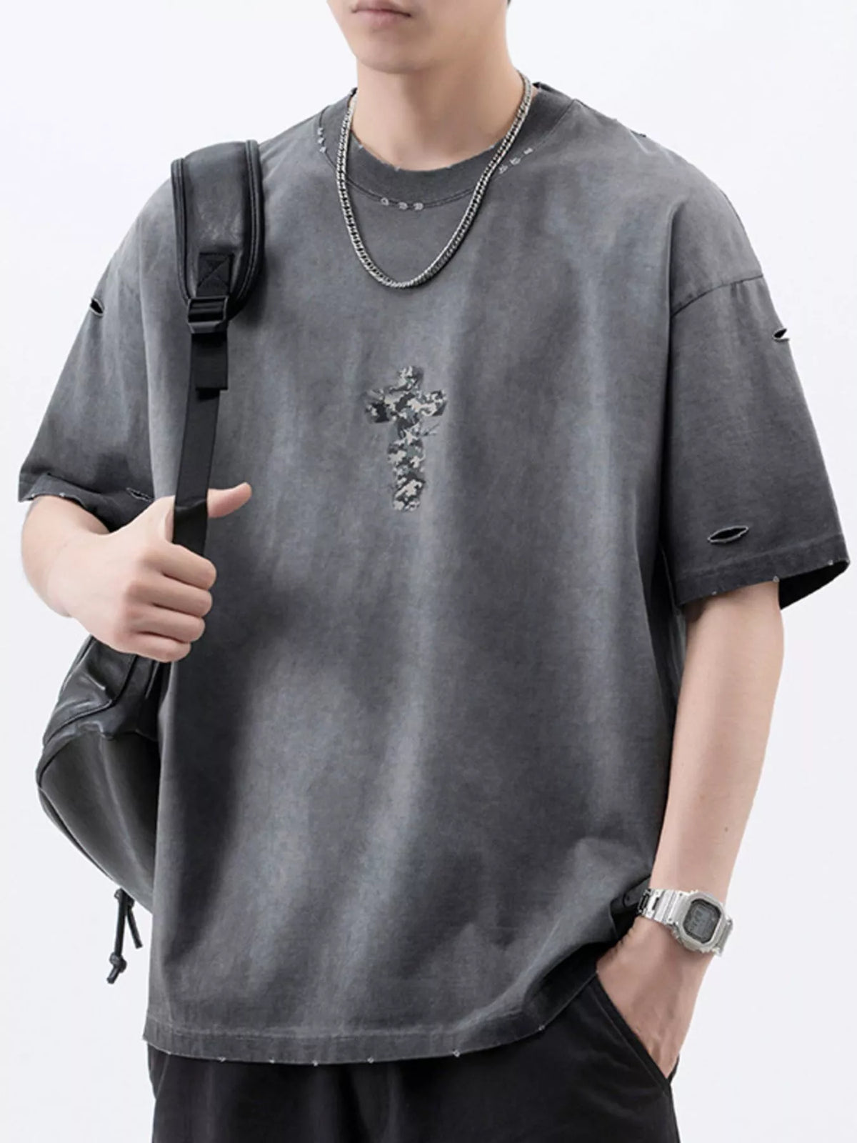 Men's Plus Size Distressed Camo Cross Graphic T-Shirt