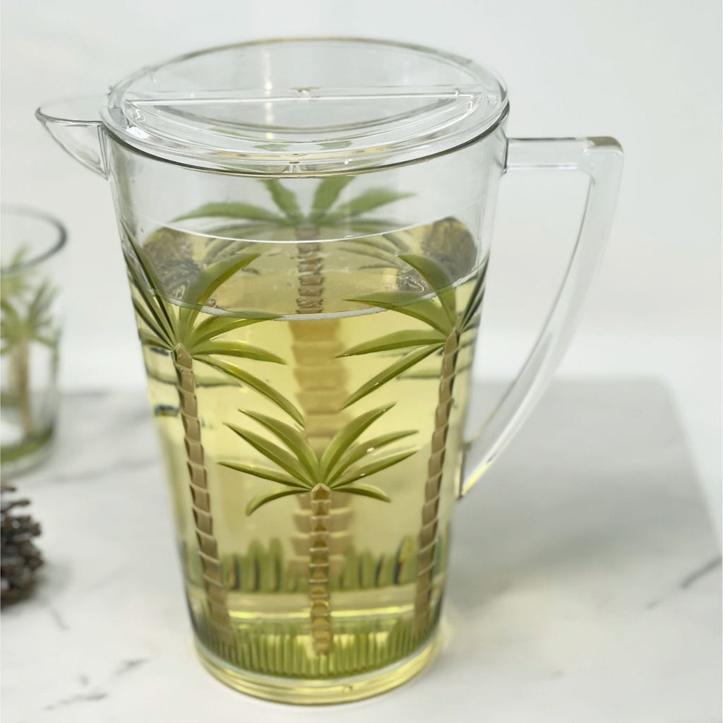 Unbreakable Plastic Water Pitcher with Lid and Palm Tree Design - Clear