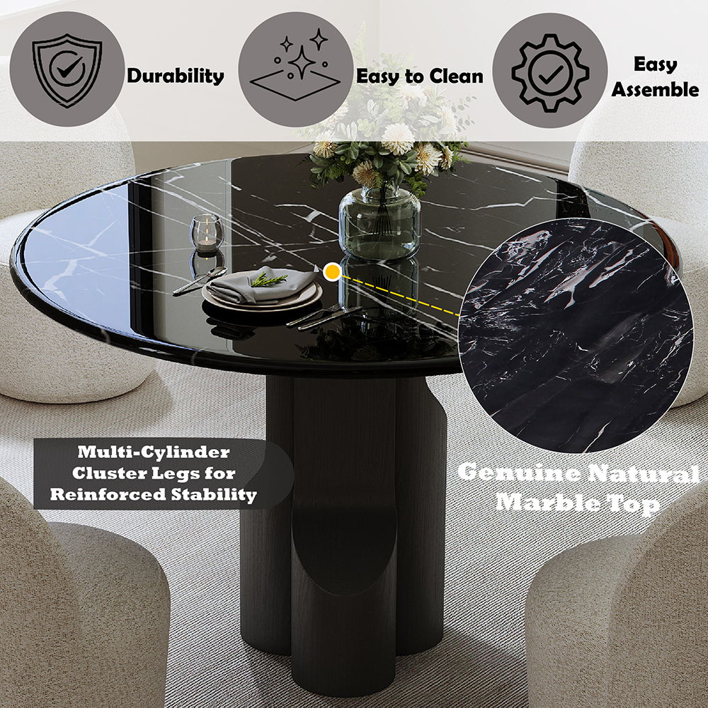 Kinton - Round Dining Table With Natural Marble Top - Black