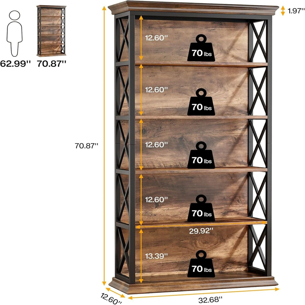 6 Tier Industrial Bookcase with X Pattern Design - Rustic Brown