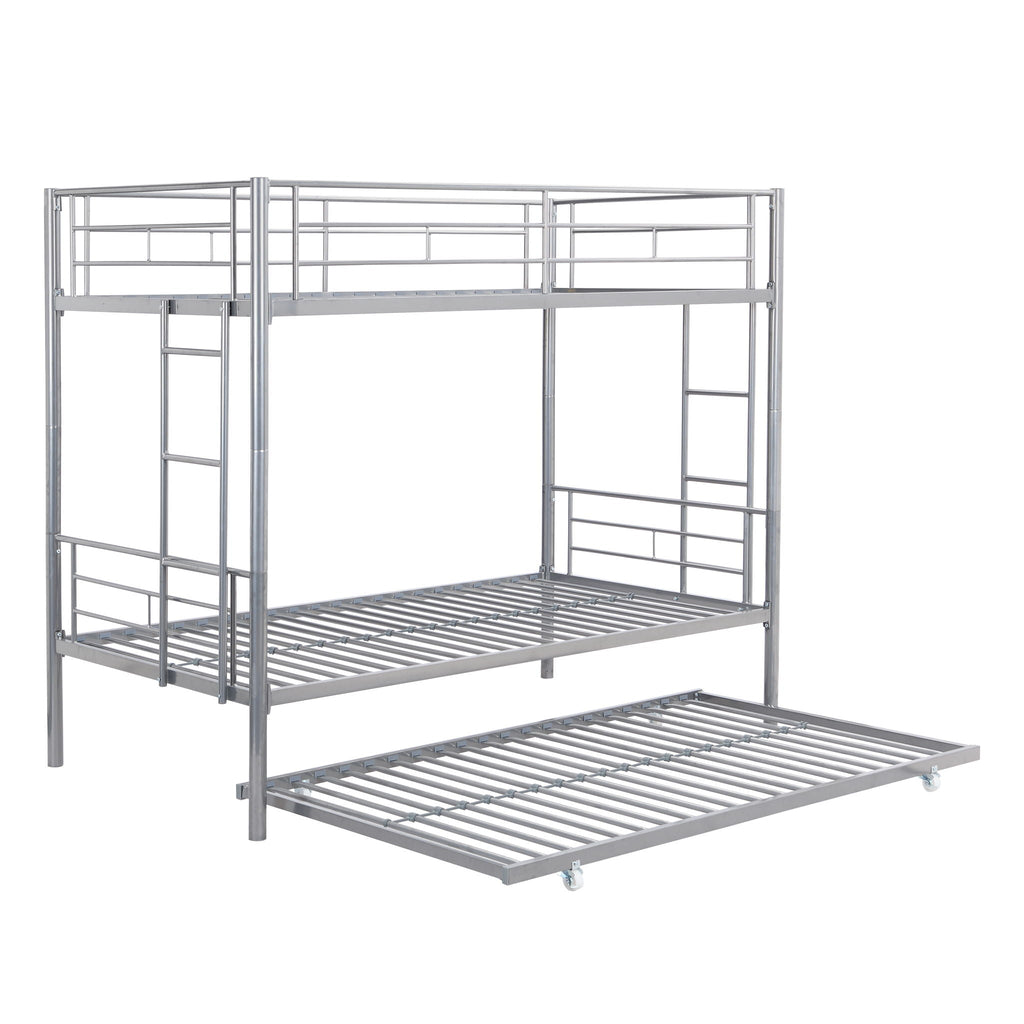 Twin Over Twin Bunk Bed with Trundle - Sturdy Metal Frame - Pearl Silver, White, or Pink