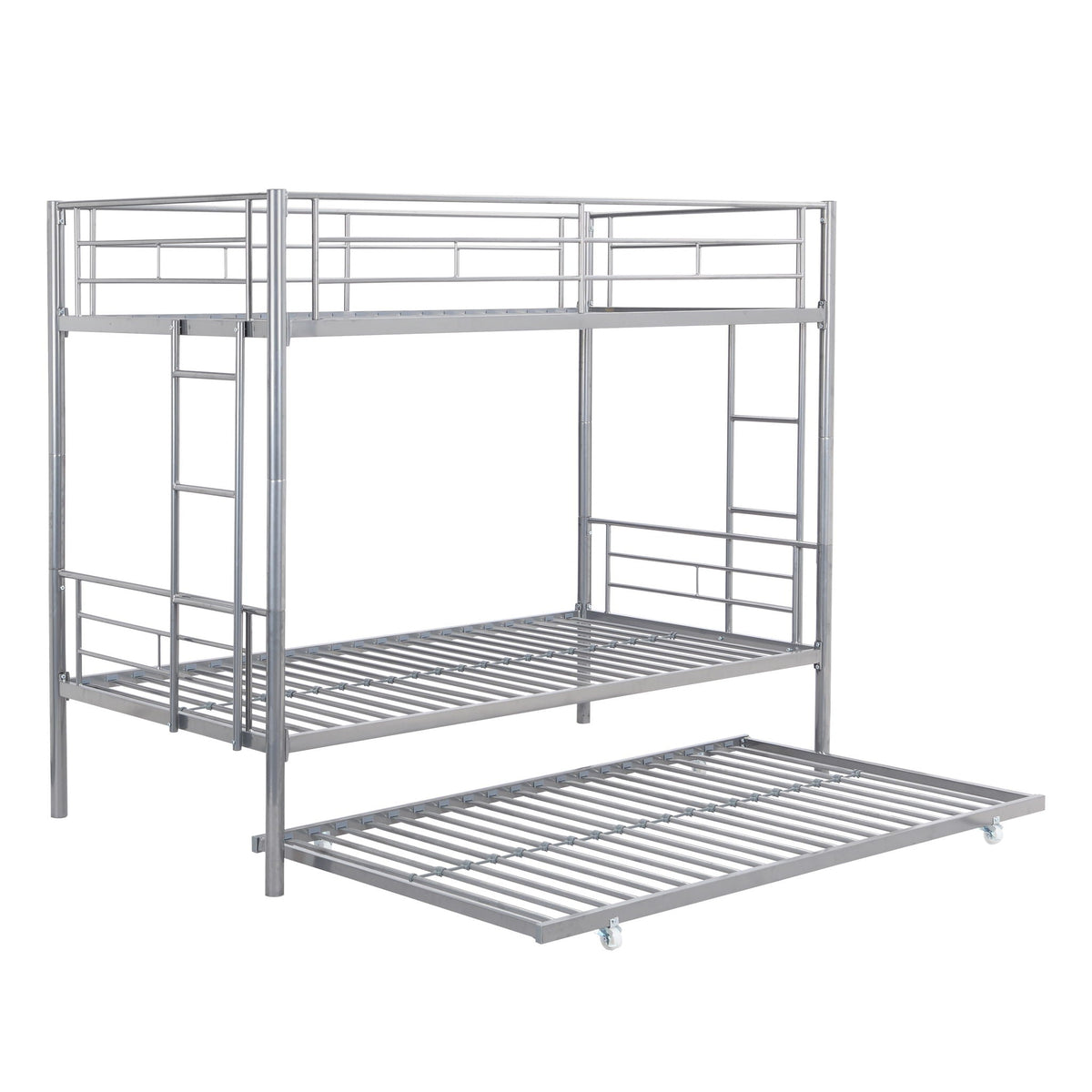 Twin Over Twin Bunk Bed with Trundle - Sturdy Metal Frame - Pearl Silver, White, or Pink