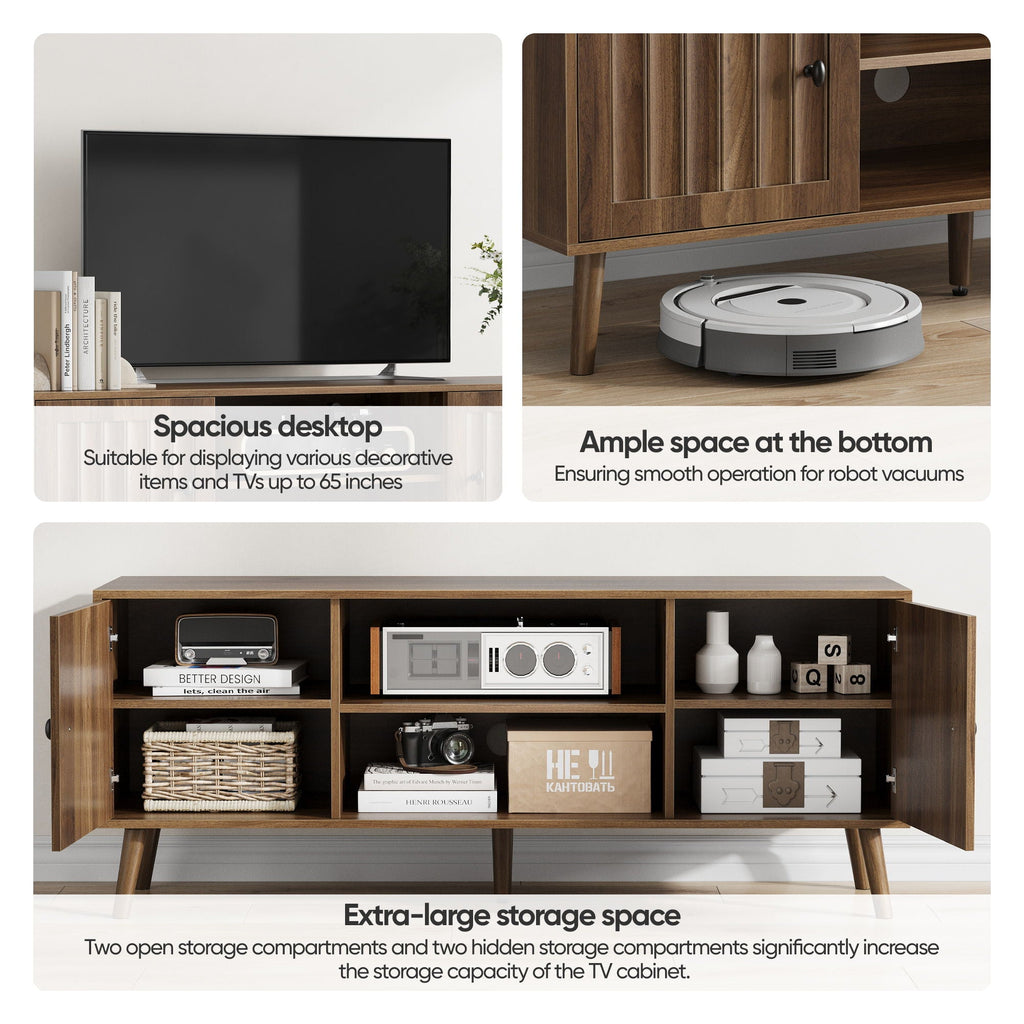 55" TV Cabinet with Vertical Groove Doors & Adjustable Shelves - Walnut